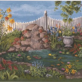 CONCORD WALLCOVERINGS ™ Vintage Garden Wallpaper Border Featuring Artificial Pond Flowers Pots Statues Fishes, Colors Green Blue Yellow White Orange, Size 10.5 Inches by 15 Feet WE672B