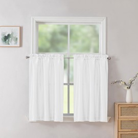 Chyhomenyc Uptown 2 PCS White Tier Curtains 24 inch Length, Faux Silk Slub Fabric Lightweight Elegant Short Cafe Curtains for Farmhouse Bathroom Bedroom Small Windows, Each 30Wx24L inch