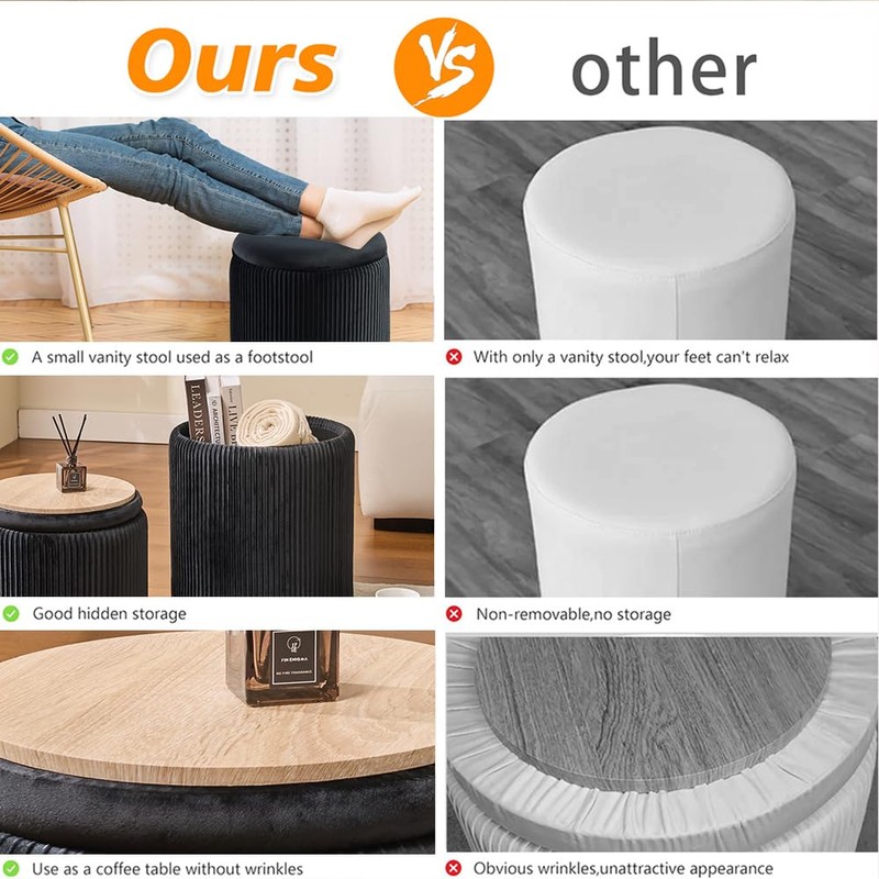 Round Ottoman with Storage Set of 2-Upholstered Sherpa Vanity Stool