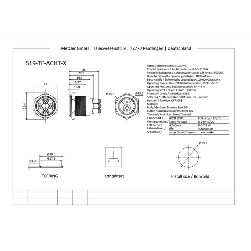 Metzler - Push Button 19mm - LED Symbol Number 8