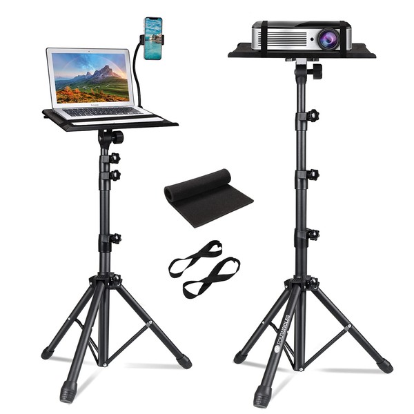 Projector Tripod Stand, Laptop Adjustable Height 23 to 63 Inch, Portable Stand for Outdoor Movies, Computer DJ Racks Mount Holder with Gooseneck Phone Holder, Apply Stage or Studio