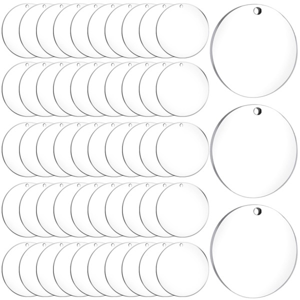 Duufin Pack of 50 Acrylic Blanks Transparent Acrylic Transparent Circle Acrylic Disc Round with Hole for DIY Key Rings Projects Crafts, Acrylic
