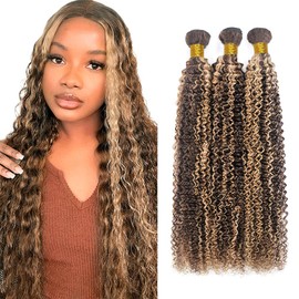 Highlight Bundles Human Hair Brown Bundles P4/613 Kinky Curly Human Hair Bundles 10 12 14 inch Mixed Length 3 Bundles Brazilian Remy Blonde Curly Bundle Human Hair Extensions