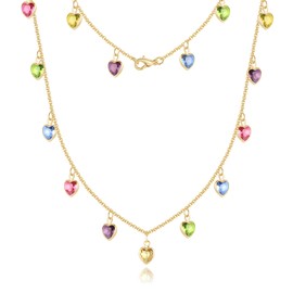 Hius Cubic Zirconia Station Necklace for Women, 18K Gold Plated Crystal Gemstone Choker Necklace, 16",18" (Light Multi Heart, 18")