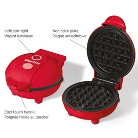 Starfrit Electric Mini Waffle Maker 4" Non-Stick Cooking Surface Easy to Use & Clean 350W, Red