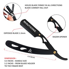 BEAUTICONE Straight Razor for Men, Professional Barber Razor with 100 Single Edge Blades, Straight Edge Single Blade Razors for Men, (Black & Gray With Leaf Handle)