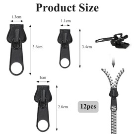 DGUSO Pack of 12 Zip Zippers, Fix Zip Repair Kit, Household Fix Zipper, Zip Repair Kit for Coats, Bags, Suitcases, Jeans (Black)