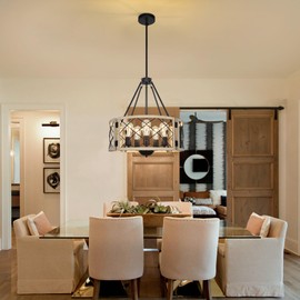 Sigaitwei 18.9'' Farmhouse Drum Chandelier, 5-Light Adjustable Dining Room Light Fixture Kitchen Island Lighting, Rustic Hanging Lights for Entryway Dining Room Kitchen Table Foyer Living Room.