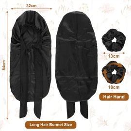 Starvortex Satin Bonnet, Large Silky Hair Bonnet for Sleeping with 2pc Satin Scrunchies, Adjustable Bonnet for Women, Satin Hair Wrap, Soft All Night Silk Bonnet for Long Hair Curly Hair Care, Black