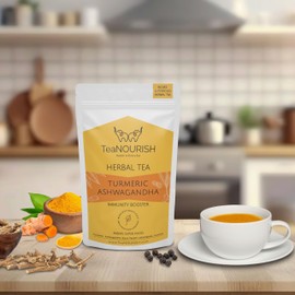 TeaNOURISH Turmeric Ashwagandha Herbal Tea | CAFFEINE-FREE | Indian Superfoods Blended with Black Pepper & Licorice | Supports Immunity | 100% NATURAL INGREDIENTS - 3.53oz/100g