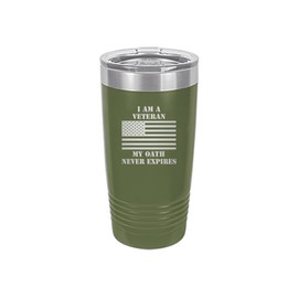 Rogue River Tactical I Am A Veteran My Oath Never Expires 20 Oz. Travel Tumbler Mug Cup w/Lid Vacuum Insulated Hot or Cold USA Flag Military Vet Gift (Green)