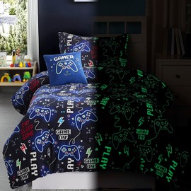 Wink Deer Full Size Comforter Set for Boys-4 Pieces Gamer Glow in The Dark Full Bedding Sets for Kids, 1 Comforter, 2 Shams and 1 Decor Pillow