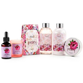 Peony Floral Spa Basket – 7-Piece Bath and Body Gift Set for Women with Shower Gel, Body Lotion, Body Scrub, Body Oil, Bath Salt, and Scented Candle – Perfect Spa Gift