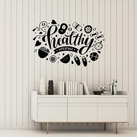 Healthy Vinyl Wall Decal Lettering Lifestyle Dumbbell Sport Food Water Stickers Mural (k314) Black