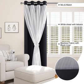 XWZO 100% Blackout Double Layer Curtains, Blackout Curtains with Sheer Overlay for Living Room, Bedroom, Grommet Thermal Insulated Privacy Curtains with Tiebacks, 2 Panels, 52x84, Black