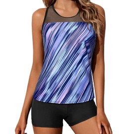 Yonique Tankini Trajes de baño para mujer con pantalones cortos, trajes de baño atléticos de dos piezas con espalda cruzada, Bloque de rayas azules, 22 Plus