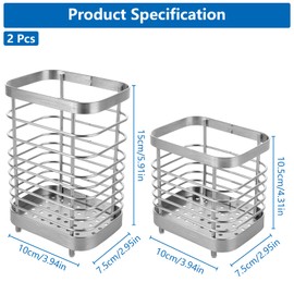 ZOFUN 2 Pcs Utensil Drainers, 10 x 7.5 x 10.5/15 cm Cutlery Drainers Rust Proof, Stinless Steel Utensil Holder with No-nail Stickers, Hollow Cutlery Holders for Kitchen Cutlery Organization