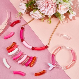 PandaHall Pack of 154 Curved Bamboo Beads, 11 Colour Acrylic Tube Beads, Pink Chunky Sliding Beads, Noodle Loose Spacer Beads for Valentine's Day, Friendship, Bracelet, Jewellery Making, 32 mm