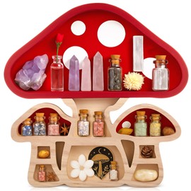 Pinkunn Wooden Mushroom Floating Shelves, Crystal Display Shelf for Wall Cute Mushroom Decor Rock Gem Stone Storage Organizer Meditation Art Spiritual Gift Wall Shelves for Living Room Bedroom