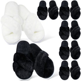 JenPen 7 Pairs Bridesmaids Slippers Women's Cross Band Fuzzy Bachelorette Party Slippers for Wedding Bridal Party(White, Black)
