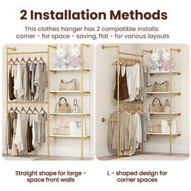 DABILONGC Industrial Pipe Clothing Rack Wall Mounted Heavy Duty, Space Saving Garment Hanger System for Wardrobe/Walk-in Closet, Gold