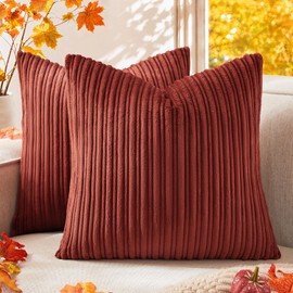 Kevin Textile Corduroy Cushion Covers 45 x 45 cm Set of 2, Soft Stripe Decorative Cushions Covers 18x18 Inch with Invisible Zipper for Chair Couch Sofa Bedroom, Burnt Brick