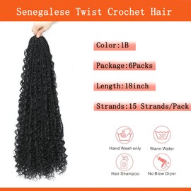 TOOPBIUTI Senegalese Twist Crochet Hair 18 Inch 6 Pack Boho Goddess Island Twist Pre-Looped Crochet Hair with Curly Ends (1B, 18 Inch-6 Pieces)