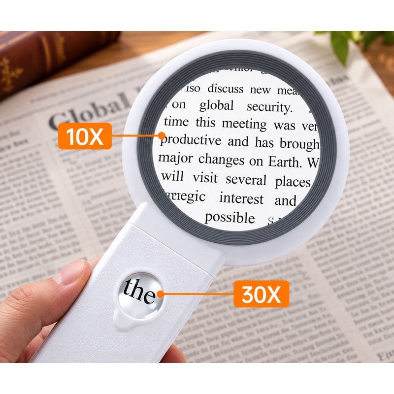 30X/10X LED Magnifying Glass for Reading – Foldable Handle and