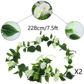 CISDUEO 2 Pcs Artificial Vines Silk Morning Glory Vines for Outdoor 15Feet Hanging Plants Garland White Fake Green Plant Morning Glories for Home Decor Wall Fence Stairway Wedding Hanging Baskets