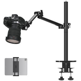 TARION Camera Arm Mount Desk Stand: Heavy Duty DSLR Desktop Mount Camera Stand with Tablet Holder Double C Clamp 1/4 3/8 Screw Adapter Articulating Arm for Selfie Streaming Videography TitanRig Lite Z