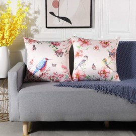 Artscope Cozy Faux Silk Cushion Covers, Set of 2 Classical Bird Flower Pattern Pillow Covers Cases for Sofa Couch Home Decor 45x45cm-Pink