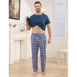 TeJoyce Mens Pyjamas Set Cotton Short Sleeve and Plaid Long Pants 2 Piece PJ Set Soft Comfy Loungewear Nightwear Set with Pockets Blue