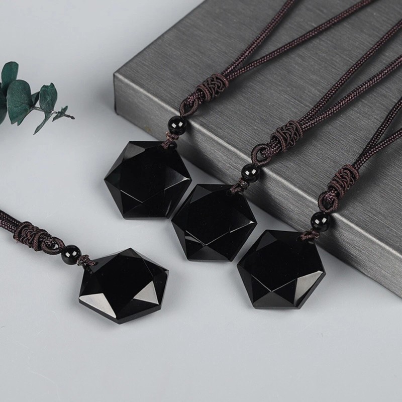 Black Obsidian Hexagram Pendant Necklace Healing Protection Crystal Jewelry