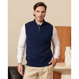 Kallspin Men’s Cotton Quarter Zip Sweater Vest Sleeveless Mock Neck Knit Jumper Smart Casual Pullover Knitwear(Navy Blue, M)