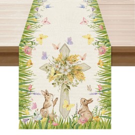 BOTB LIHM Easter Watercolor Cross Bunny Flowers Leaves Butterfly Rabbits Cloth Table Runner Burlap Table Decoration for Spring Home Kitchen Dining Dinner Indoor Holiday Farmhouse Decor 13x48 Inch