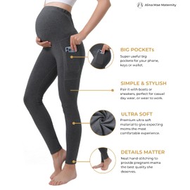 Maternity Leggings Pregnant Over-Bump Pant with Pockets Stretch for Workout Yoga (Grey - Large)