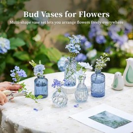 Glasseam Glass Bud Vases for Centerpieces, Vintage Embossed Small Vases | 10Pcs Blue, Thick Glass Vases for Single Flower Mini Stem, Versatile Table Decorations for Home, Offices and Wedding Party
