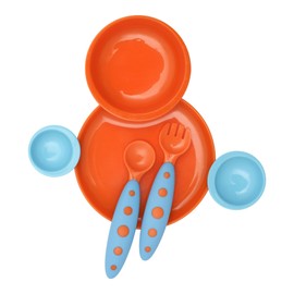 Boon Groovy y Modware Juego de Tazon Y Plato Con Cubiertos Infantiles, color azul con naranja