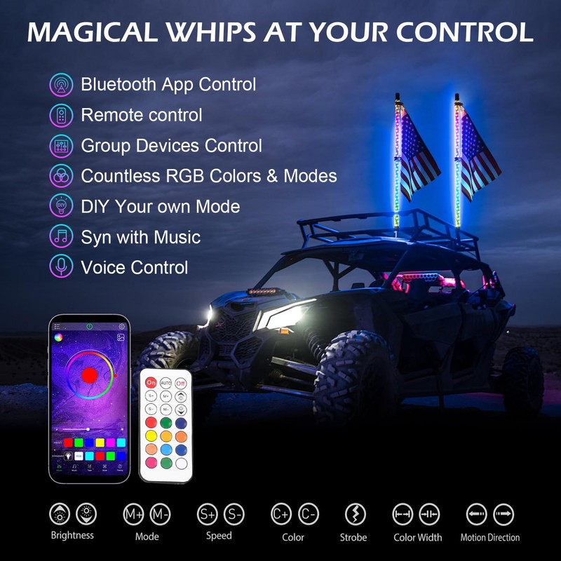 LMYYGOO 2PCS 3FT RGB LED Whip Light with Spring Base