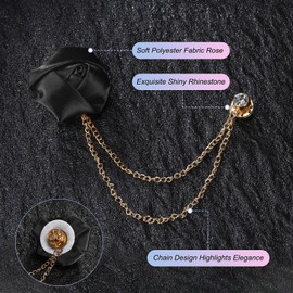 M METERXITY 1-Pack Rose Flower Brooch Pin for Men Suit, Cloth Handmade Flower Lapel Pin with Gold Badge Tassel Chain Brooches for Men Wedding Accessories/Prom/Party [Black]