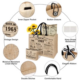 60th Birthday Gifts for Women Jute Tote Bag, Vintage 1965 Burlap Handbag with Cosmetic Bag and Back in 1965 Poster, Unique 60 Years Old Gifts for Mom Friends Wife Sister Her