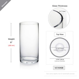 WGVI Quality Thick Weighted Clear Cylinder Glass Vases, 4" W x 8" H, Flower Arrangement Floating Candle Holders Wedding Centerpieces Terrarium Planter Floral Pen Brush Storage Container, 1 Piece