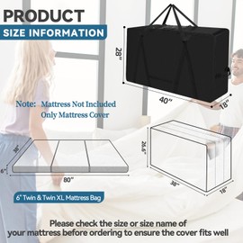 FREEAMG Folding Mattress Storage Bag,Trifold Memory Foam Mattress Carry Case,Portable Heavy Duty Mattress Moving Bag for Tri-Fold Guest Bed Mattress Fits 6" Twin & Twin XL Mattress