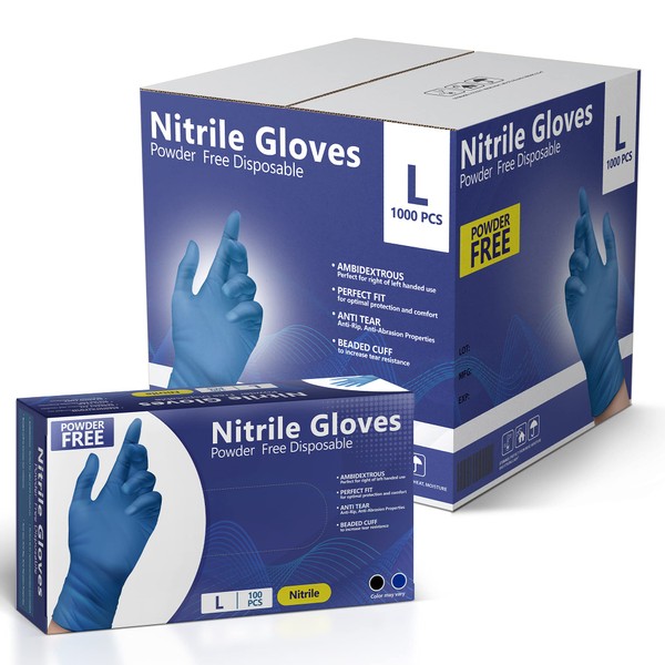 Nitrile Gloves, Disposable Gloves, Comfortable, Powder Free, Latex Free | 100-1000 Gloves (Large, Case)