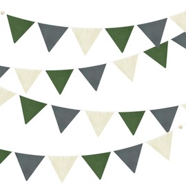2 Sets of Green Grey Beige Nursery Garland 24Pcs Woodland Fabric Linen Pennant Banner Flags Triangle Streamers for Baby Playroom Decor Kids Camping Birthday Baby Shower Jungle Party Decorations