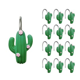 Sunlit Tropical Cactus Decorative Shower Curtain Hooks, Green Cactus Flowers Blossom Shower Curtain Rings, Resin, Summer Bathroom Decoration - 12 Pack