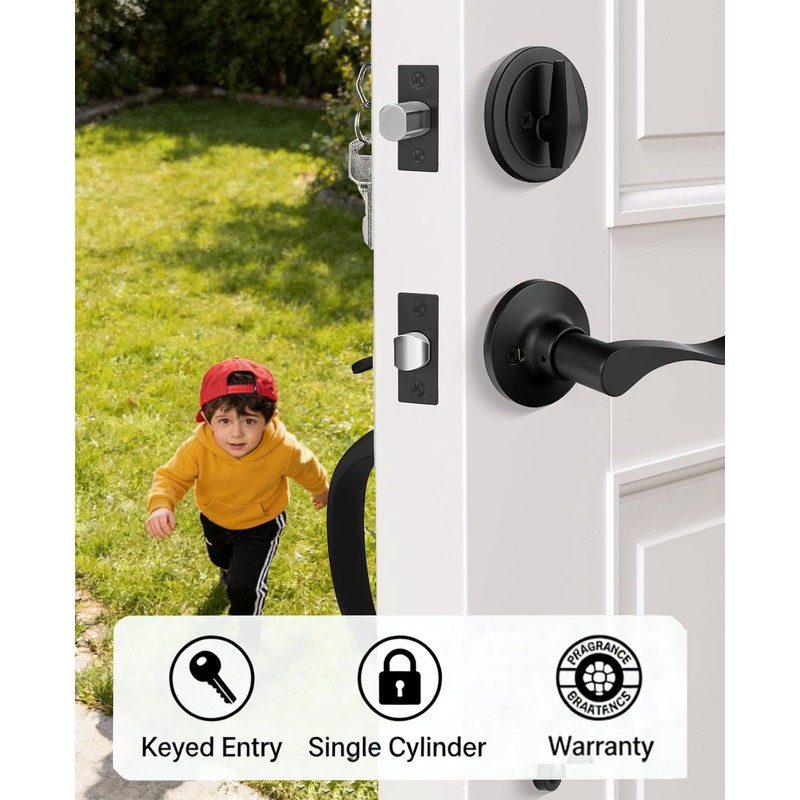 Haidms Matte Black Front Door Handle and Deadbolt Set, Front