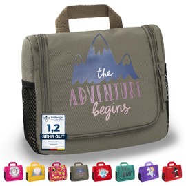 GRINSEZWERGE Children's Toiletry Bag, Travel Toiletry Bag for Hanging, Cosmetic Bag, Wash Bag, Travel Bag, Cosmetic Bag, Travel Accessories, Adventure Begins (Grey Green), Modern
