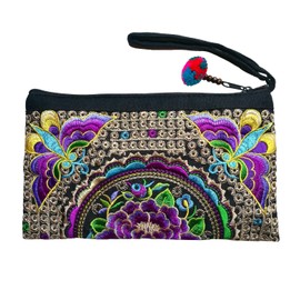 Sabai Jai - Smartphone Wristlet Bag - Handmade Embroidered Boho Clutch Wallets Purses, Violet, Medium