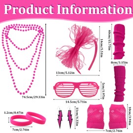 HZHSGLY 11 PCS 80s Accessories for Women, 80s Fancy Dress with Lightning Earrings Fishnet Gloves Leg Warmers Bow Headband Necklace Bracelets Glasses for 1980s Party, Dress up Day (Neon Pink)